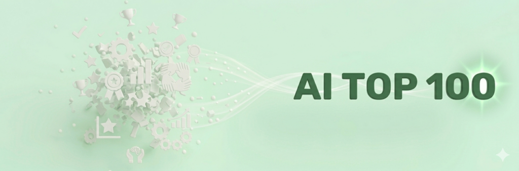 Panoramische banner voor de AI Top 100: Symbolen van kwaliteit en prestatie die transformeren naar de tekst 'AI TOP 100' in donkergroen.