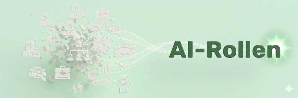 Panoramische banner voor de AI -Rollen hub: Verbinding door mens, tools en plaats in organisatie die transformeren naar de tekst 'AI-ROLLEN in donkergroen.