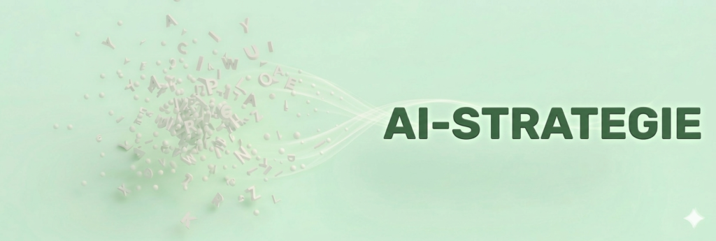 Panoramische banner voor de AI Strategie hub: Schaakstukken en targets die transformeren naar de tekst 'AI STRATEGIE' in donkergroen.
