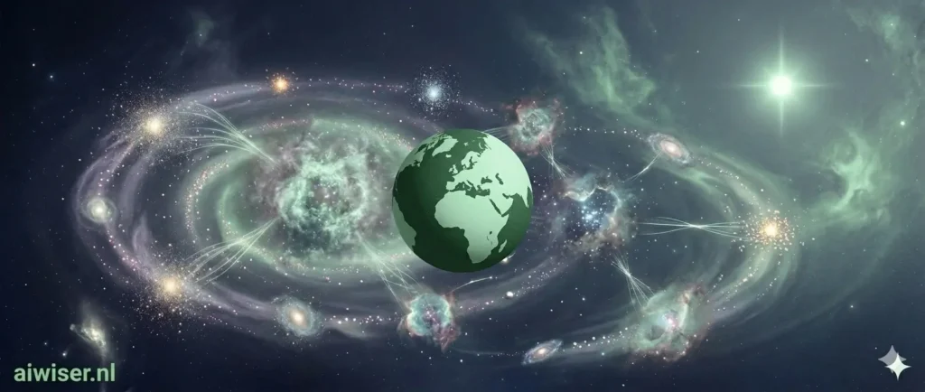 Visueel overzicht van het AIWiser ecosysteem: een mintgroen 'stadsnetwerk' op een wereldbol, met verbindingen tussen de AI-site (aarde) en de verschillende hubs (sterrenstelsels).